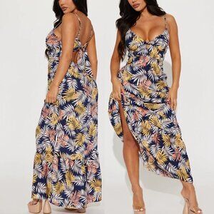 NEW NWT IRIS DISCOVERY Print Tank Maxi Dress Navy Blue Palm Leaf Leaves Floral S